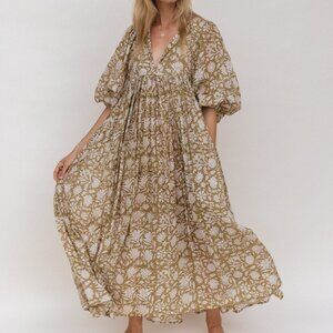 Daughters of India Floral Maxi Dress in Olive and Cream